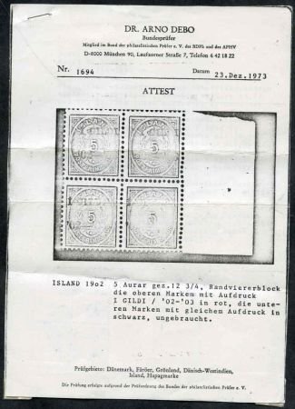 INV-12054x2_1faff09c-bc47-4f0b-a553-b7c91340a183 Iceland 52 Variety F - VF NH Block of 4 with 2 certs - mixed overprints black and red