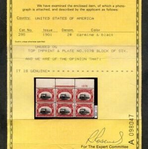 US 295 Early Commemoratives VF NH Fresh PL block of 6 - PFC Scarce and so nice! cv 475.00