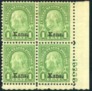 US 658 VF - XF LH Kansas Overprint Plate Block 19338 LR