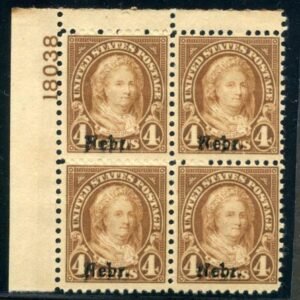 US 673 Mint F - VF LH Nebraska Overprint Plate Block 18038 UL cv $275