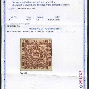 Newfoundland 5 F - VF Mint Just Fine, Close at right with PFC Part OG cv $325