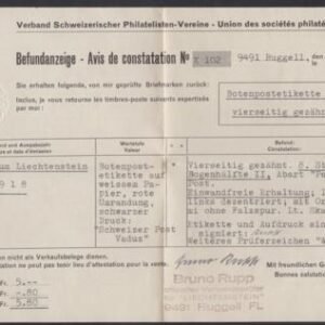 Liechtenstein LBK IAI Vaduz-Sevelen Botenpost with plate variety with Rupp Cert - Rare!