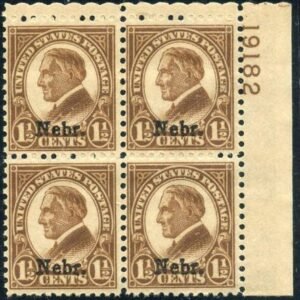 US 670 F - VF NH Nebraska Overprint Plate Block UL 19182 cv $95
