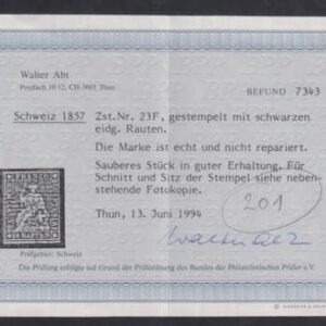Switzerland 32A  F + Used 3 1/2 frame lines, 2 large margins swiss cert cv 1000.00