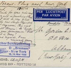 Netherlands 1932 (May 5) Catapult PPC Bremen- NY