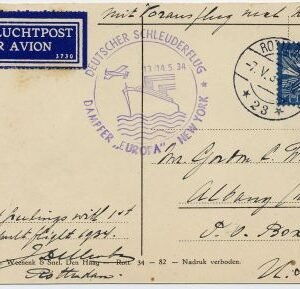 Netherlands 1934 (May 7) Catapult PPC Europa - NY