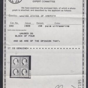US 340 Washington / Franklin F - VF Pristine copy of PF Cert for block cv 150.00