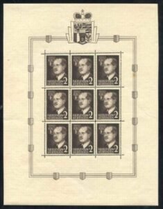 Liechtenstein 287-8 MS of 9 Stamps NH Selvage LH small stain in selvage