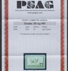 US RW4 Duck Stamp VF - XF NH Well Centered with PSAG Cert