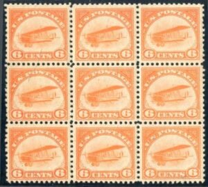US C1 Airmails VF - XF Unused NH Block of 9, Glazed Gum from Mount cv $495+ as H