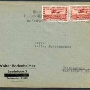 Saar 1935 C5 (x2) on cover to Geislautern, Germany