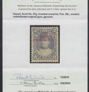US Possessions - Hawaii 57g F - VF LH OG APS Cert cv $4,000
