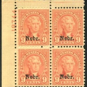 US 678 VF LH Nebraska Overprint Plate Block cv $500