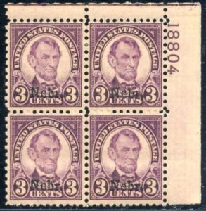 US 672 VF LH Mint Nebraska Overprint Plate Block cv $260