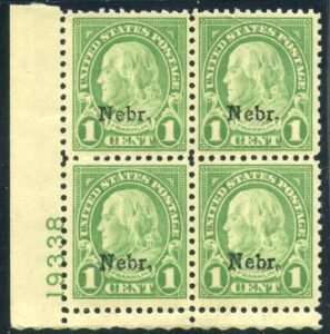 US 669 Mint NH XF - Sup Nebraska Overprint Plate Block 19338 LL
