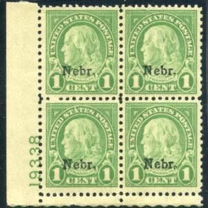 US 669 Mint NH XF - Sup Nebraska Overprint Plate Block 19338 LL