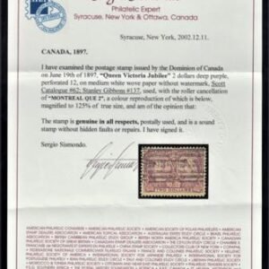 Canada 62 F - VF Used Sismondo Cert, Roller cancel cv $600.00