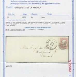 US 65 Early Classics Zanesville, OH Globe Fancy Cancel to Rutland, VA Superb Strike