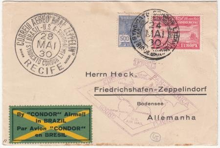 INV-15845itExt Brazil 1930 (May 24) Zeppelin VF Flight Cover to Germany