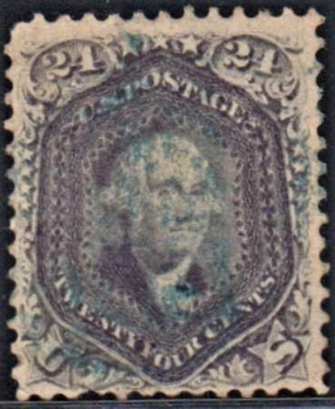 INV-15859itExt_63aa4149-8a04-4c2d-83d3-24fb75195956 USA 70c Used VF 24 Cents Violet on Thin Paper, Nice Blue Cancel, with 1 Short Perf on Bottom, Very Well Centered For This Issue