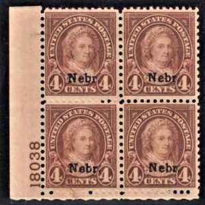 US 673 Mint NH F - VF Nebraska Overprint Plate Block # 18038 LL cv $375