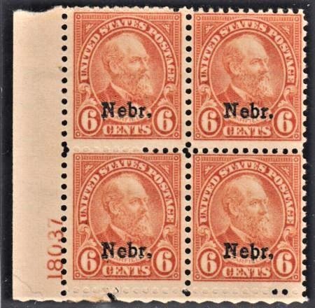 INV-15983itExt_5e3de22a-b8b4-4fe3-ab45-9c7acded1424 US 675 Mint NH F - VF Nebraska Overprint Plate Block Slight Natural Break in Bottom Selvage, Otherwise Pristine cv $750