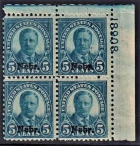 US 674 Mint NH Ave - F Nebraska Overprint Plate Block # 18908 UR cv $425