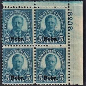 US 674 Mint NH Ave - F Nebraska Overprint Plate Block # 18908 UR cv $425