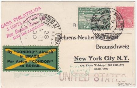 INV-16007itExt_8318b488-67c6-49ff-ac3b-ecbcf3579614 Brazil 1930 Zeppelin Flight on PPC to Lakehurst, Inverted Date in Rio Cancel