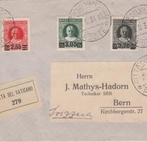 Vatican 38-40 1st Printing on VF Aug 2, 1934 Registered Cover + Bern, Switzerland Properly Backstamped Over-Franked