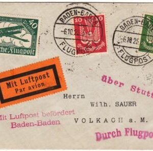 Germany 1925 Early Airmail Cover from Baden, Franking on front and back