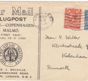 Great Britain 1920 First Flight Cover from London - Copenhagen
