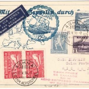 Greece 1933 Registered Italy Flight Zeppelin Card Sent to Rio