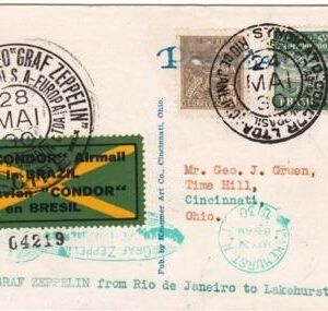 Brazil 1930 Zeppelin Card to USA with Rotated date in Cancel