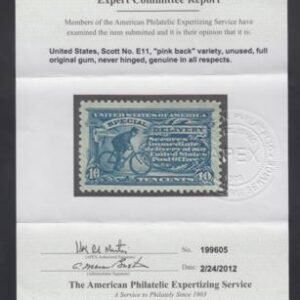 US E11 Special Delivery VF - XF NH Dark Ultramarine - Pink Back APS Cert. cv $450
