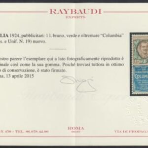 Italy 89d VF - XF Mint NH "Grafofono Columbia" Amazingly Mint and Fresh! cv 1,800