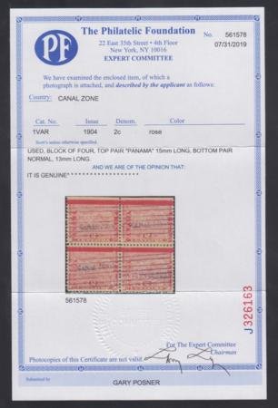 INV-17173x1_512ac096-3772-44af-8221-fcaa7ca5fd20 US Possessions - Canal Zone 1 Variety VF Used Block with PFC, cv 2,400