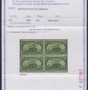 US 291 Early Commemoratives Ave - F Mint NH Pristine, Copy of PF Cert for block cv $1,800