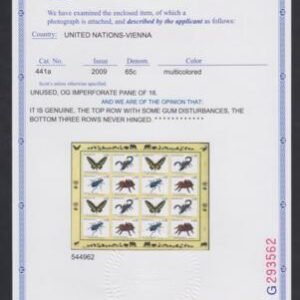 UN Personalized Sheets Vienna 441a Variety XF Mint LH/NH Imperf Sheet w/ PFC, 2009 Vienna Sheet