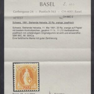 Switzerland 82c F - VF NH Pristine Color + Gum, 2 Swiss Certs, cv $1,650