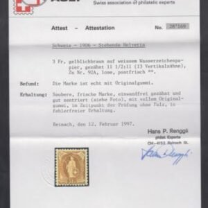 Switzerland 111 F - VF Mint NH Pristine, Renggli Cert. cv $700