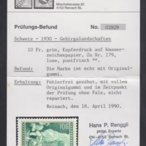 Switzerland 185 VF - XF Mint NH Renggli Cert. cv $625