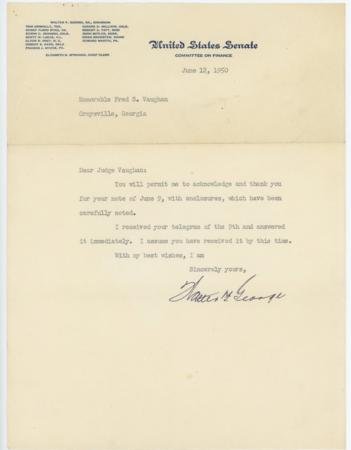 INV-17991itExt_2b5e7cff-c3af-4436-b0eb-fa03418d2e57 US 1950 Signed letter from Senator Walter F. George of Georgia