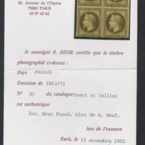 France 34a Ave - F Hinged Cert BEHR - Dark Brown cv $5,750