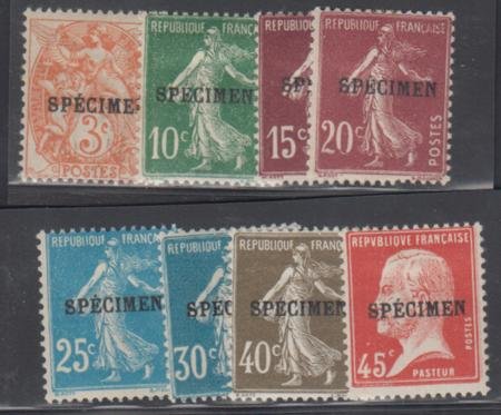 INV-18078itExt_b23d4a77-af16-47e2-abea-5761da44f78e France 1925 Specimen Overprint Maury 64, 72-6, 78, 81 F - VF Mint LH Group of 8 Diff cv $195