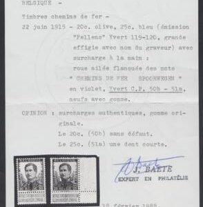 Belgium Q54a VF Mint LH Right Sheet Margin J. Baete Cert - Rare - cv $900