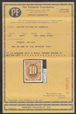 US J12 Postage Dues F - VF Mint No Gum, Large Margins, PFC cv $7,500