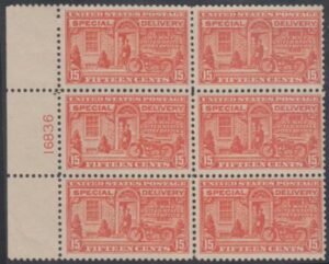 US E13 Special Delivery F - VF NH Left Plate Block of 6, cv $700