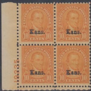 US 667 F - VF Mint NH Kansas Overprint Plate Block 19235 LL cv $525