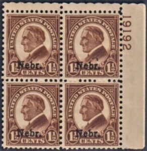 US 670 F - VF Mint NH Nebraska Overprint Plate Block 19192 UR cv $95